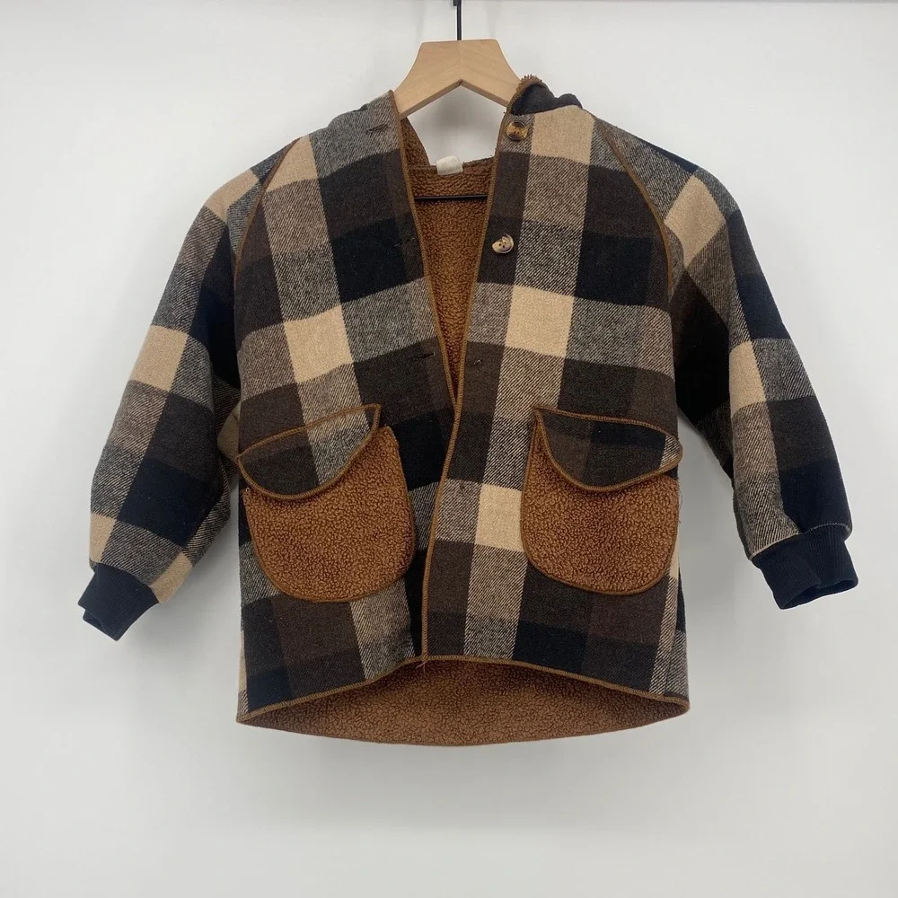Plaid Sherpa Lined Hooded Jacket Kids Brown Buffalo Check Excellent
